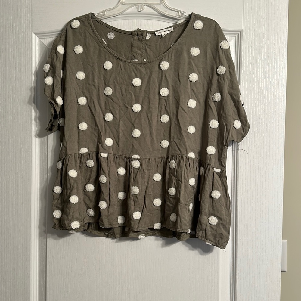 Blu Pepper Olive Swiss Dot Blouse